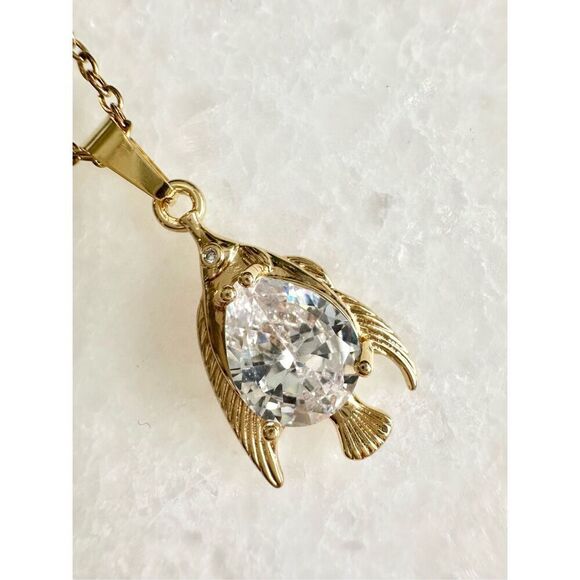 Angelfish cubic zirconia pear cut pendant necklace - stainless steel - 18 inch c - Picture 2 of 4